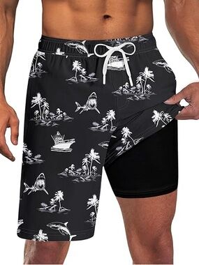 NEW Men's Mediun Black Shark & Palm Print Swim Trunks with Built-In Liner